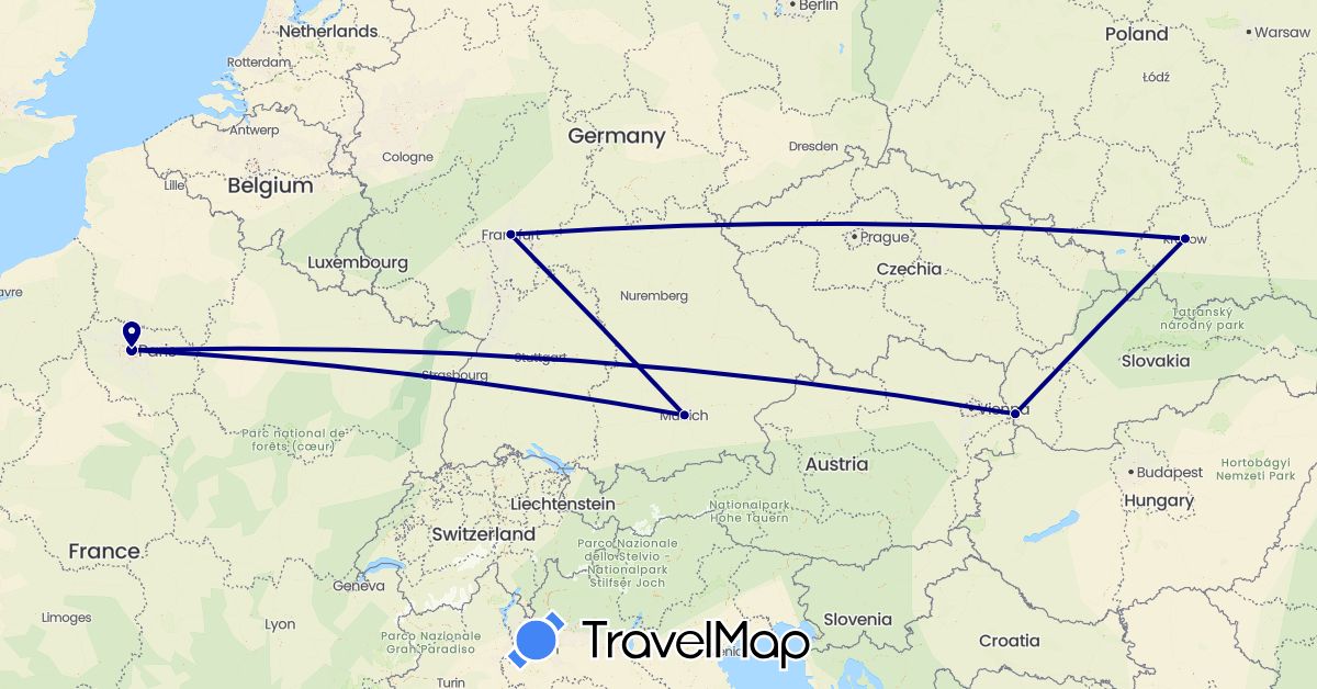 TravelMap itinerary: driving in Germany, France, Poland, Slovakia (Europe)