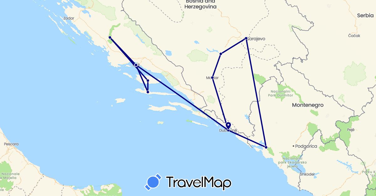 TravelMap itinerary: driving in Bosnia and Herzegovina, Croatia, Montenegro (Europe)